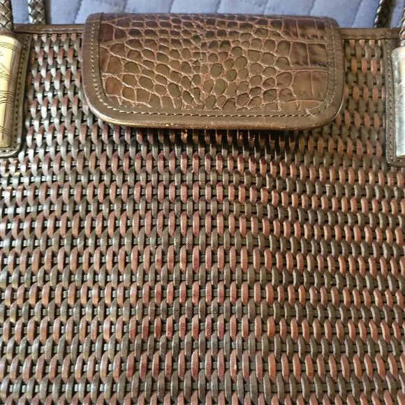 Brighton Vintage Woven Leather Tote | Brown Croc Embossed Flap | Silver Hardware - Picture 12 of 12
